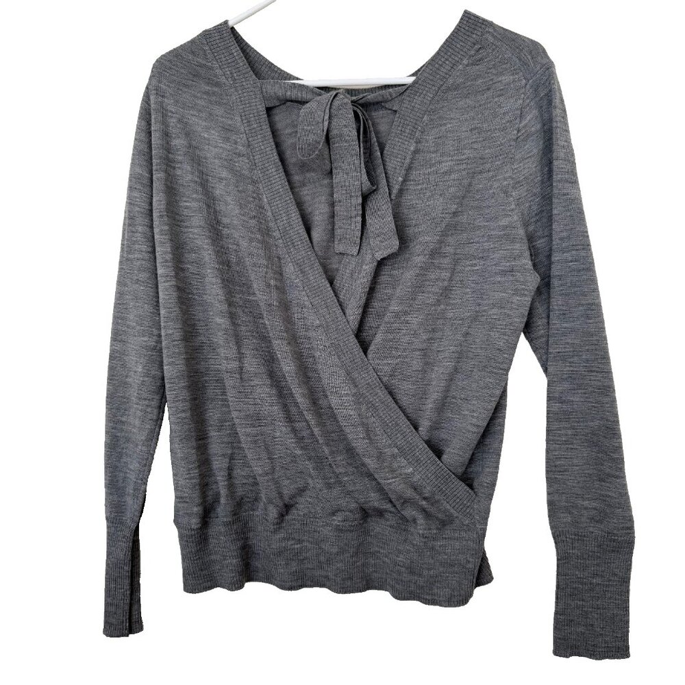 J Crew Merino‎ Wool Wrap Back Sweater Medium Long Slv Gray Quiet Luxury Preppy